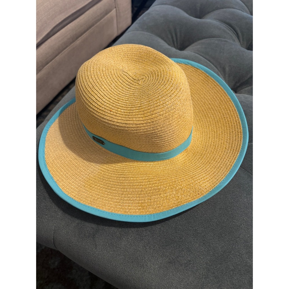 Sun N Sand Womens Straw Sun Hat UPF 50+ Turquoise Trim Wide Brim Tan A-45